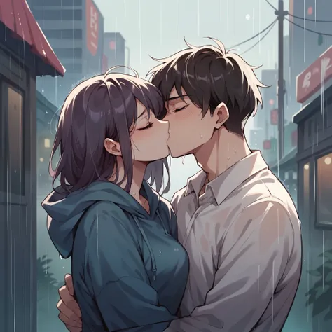 Couple kissing in the city under the rain sad