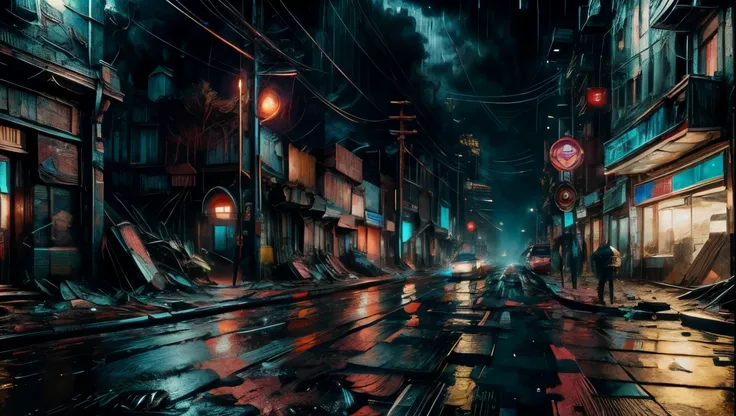 a dilapidated abandoned cyberpunk house at night, rain pouring down, wet roads, dark cloudy sky, smoke and dirt, atmospheric lig...