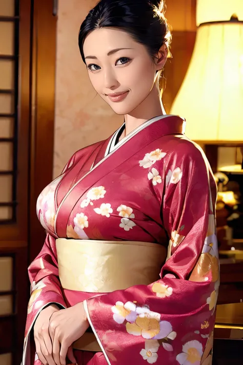 (Highest quality、Tabletop、Best image quality、Award-winning works)、 The proprietress of a beautiful inn、(A beautiful kimono with an elegant and gorgeous floral pattern:1.3)、Perfect female portrait photography、Glowing Skin、Standing Elegantly、(Blurred backgro...