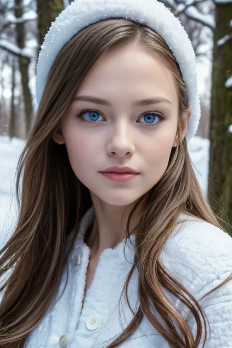 portrait, high quality, Ukrainian  fairy winter snow In the woods through the trees About 10 years old, Blue eyes, Smooth skin, ((Best quality, 8 k, masterpiece :1.3)), 1 girl, Beautiful girl , Casual outfit :1.2, In the woods, ultra detailed face, detaile...