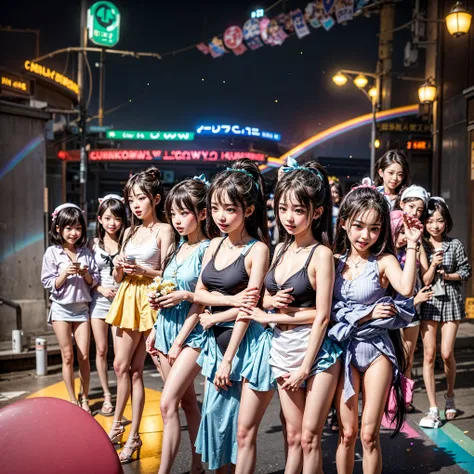 ((ExtremelyDetailed (PUNIPUNI KAWAII 12 Girls in a row:1.37) Shibuya Hachiko-mae scramble crossing)), (masterpiece 8K TopQuality:1.2) (ProfessionalPhoto:1.37), {(Standing Full Body:1.2)|Dancing}, Different types of hair colors, {(White(skinny school swimwe...