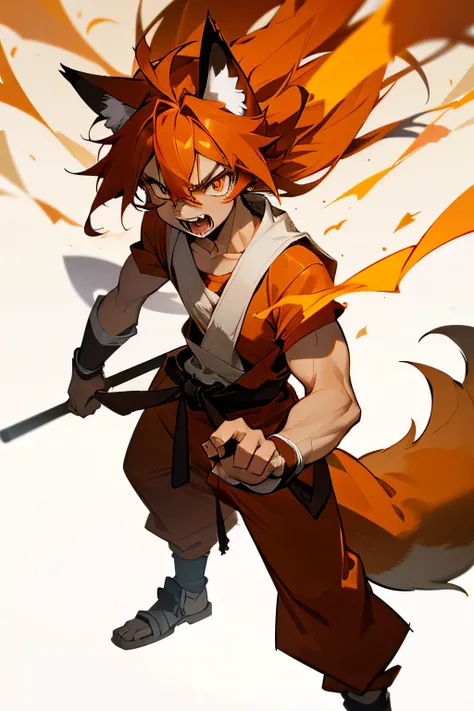 Foxboy With Light Skin And cinnamon Colored Fox Ears, Hair and Tail with an angry expression on his face, bearing his fangs, standing in a defensive stance.