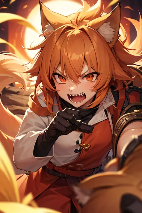 Foxboy With Light Skin And cinnamon Colored Fox Ears, Hair and Tail with an angry expression on his face, bearing his fangs, hissing