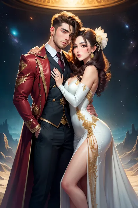 two handsome men hugging a beautiful girl in a chic dress, full length, fantasy, space