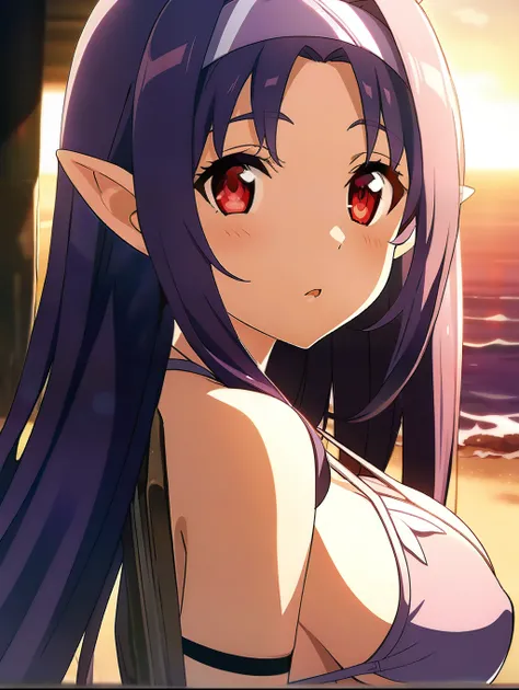 yuuki base, purple hair, long hair, ahoge, red eyes, pointy ears, hairband, bikini, detached sleeves, bikini, purple bikini, bare shoulders, 1girl, solo, big breast ,magical beach, dappled sunlight, sunset, depth of field, cinematic, game cg, anime screenc...