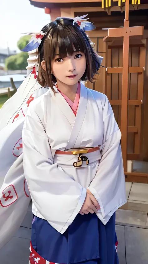 Purelos Face_v1, Highest quality, Realistic, 8K, High resolution, Full Color, One girl, woman, 20 years old woman, (Mouth closed:1.33), (Portraiture:0.6), wood, Dawn, ((Shrine Background:1.52)), Full Color, ((Shrine maiden appearance:1.88)), View your view...