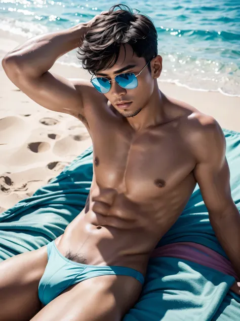 (1boy, photorealistic:1.4, ultra realistic, masterpiece:1.2, best quality, 4k, 8k), handsome asian male model laying on a beach towel sunbathing on the beach, wearing a swim briefs and sunglasses, summer vibes, relaxing moments, delicate skin, detailed fac...