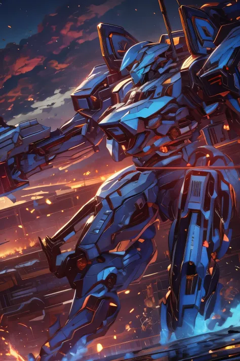Obra de arte, melhor qualidade:1.7)Mech branco e azul com detalhes dourados, médio, segurando uma sniper azul grande. Realistic, Extremely detaild, 4K UHD, HDR, naturallight, cinematic lighting, masterpiece-anatomy-perfect, ultra HD, Space Combat, Battlefi...