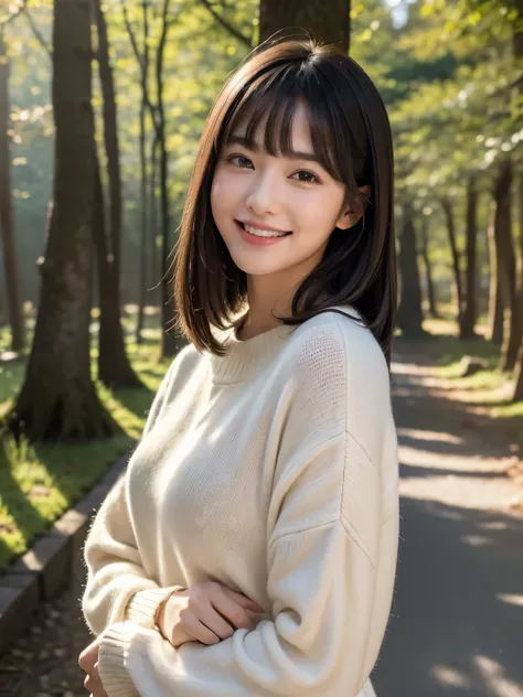 (highest quality,masterpiece:1.3,ultra high resolution),(Super detailed,caustics),(realistic:1.4,RAW shooting),1 girl,flat bangs、look at the camera with a smile、japanese countryside、Blurred background、warm clothes、forest bathing