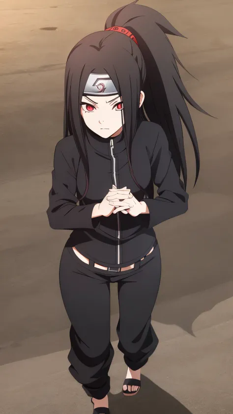 Girl, Long black hair, Sharingan eyes, black turtleneck, Black pants, Naruto-style ninja outfit.