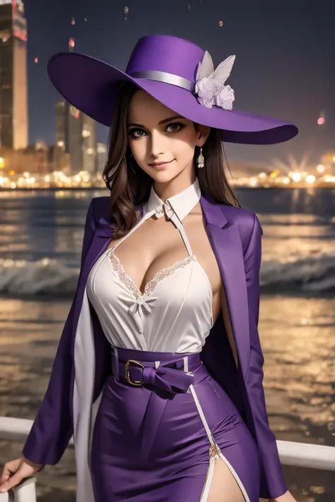 masterpiece, best quality, musse egret, purple hat, hairclip, green ribbon, purple jacket, white gloves, belt, purple miniskirt, upper body, blushing, smile, looking at viewer, beach, night, moon, fireworks, hands to chest