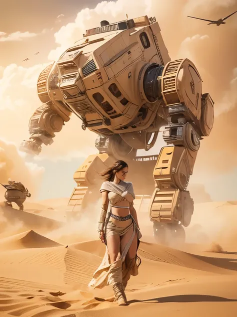 (masterpiece:1.2),(ultra-detailed),(realistic:1.37),(photorealistic:1.37),1woman,beautiful woman,gorgeous woman,23 years old,desert,sand desert,sandstorm,sand colored dress,floating in wind,giant war robot,war robot