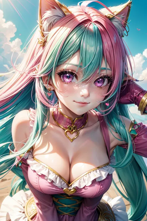 ((Pink green hair color)), pink eyes, woman, teal blue gold clothes,happy face, sexy outfit, cat ears, hearts, floating hearts, face only,  long hair, smiling, hair ornament, up close face,  sexy clothes, sexy women , closed mouth smile, up close face 