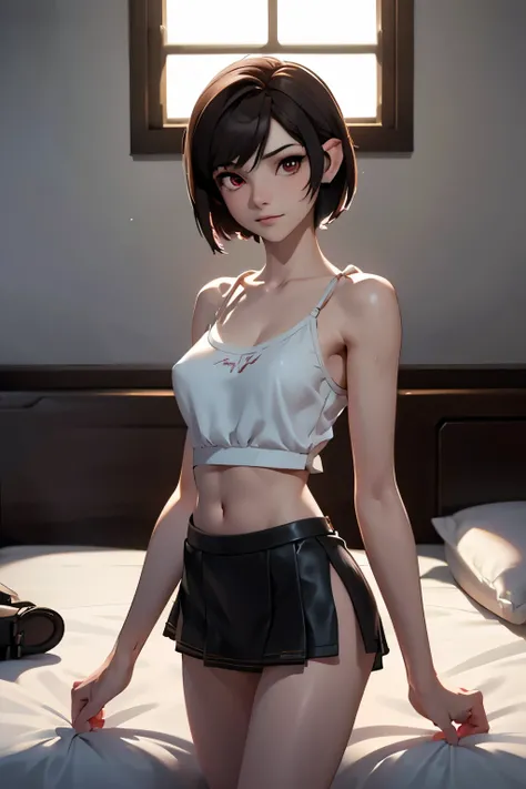 Micro mini skirt and midriff spaghetti strap tank top showing hard nipples through the fabric (​masterpiece), (top-quality), 8K resolution, Ultra-detail, Ultra-detail, realisitic, a picture, photorealisim, (1girl), Tifa, Final Fantasy, tifa lockhart, rays ...