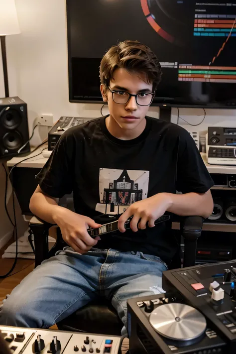 A 17-year-old boy at home streaming music, around you there are synthesizers, CDJs and drum machines, He has thick glasses and is a sexy nerd.,He doesn&#39;t smile He has brown eyes, nude project jacket and various screens(Best Quality), (Masterpiece: 8.3)...