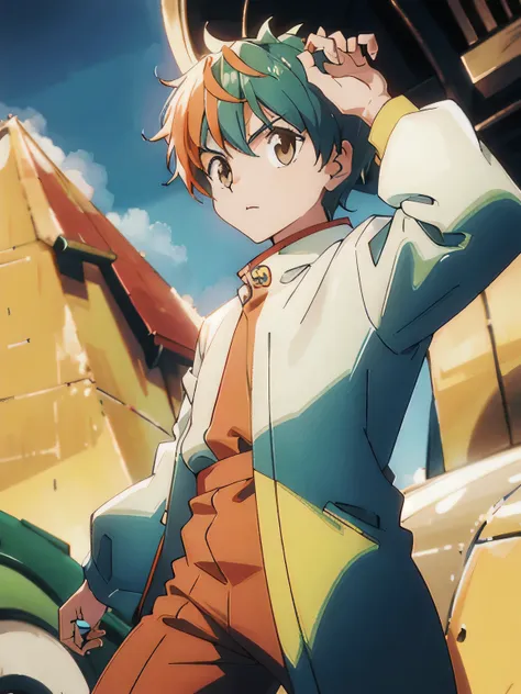 male character, carrot outfit, hair green, orange eyes