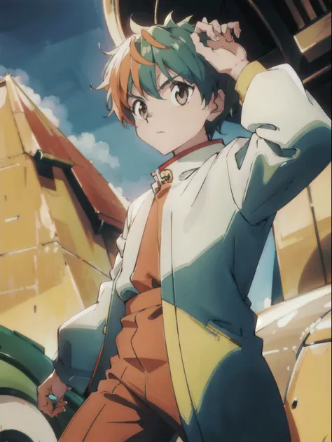 male character, carrot outfit, hair green, orange eyes