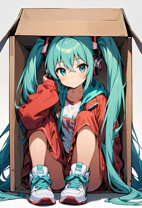 hatsune miku, One girl, Aqua Eye, Aqua Hair, bangs, whole body, Hair between the eyes, Headphones, Long Hair, Long sleeve, shoes,  sneakers, shoes下, Twin tails, very Long Hair, alone, Came in a box, BOX, Red fabric, In the container, in BOX, Jacket, Partia...