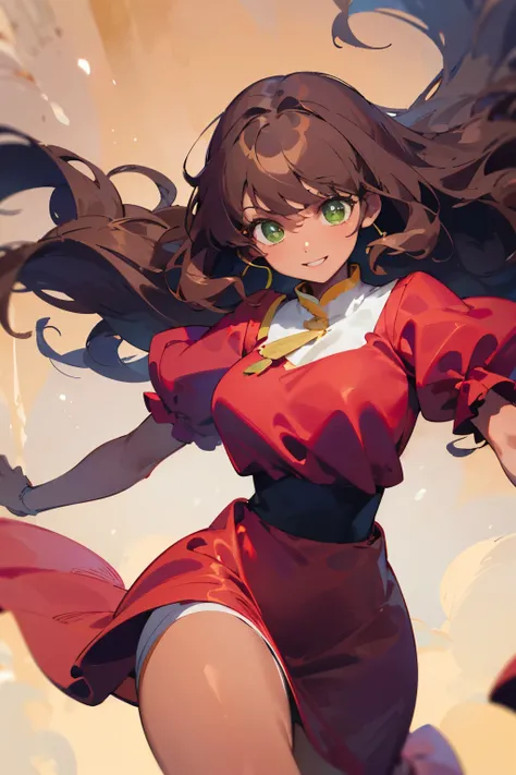 ((best quality)), ((masterpiece)), (detailed), caramel-brown skin, green eyes, anime, tan skin, red dress with red puffy sleeves, long and wavy brown hair worn down. Big innocent-looking green eyes. Proportionate curvy figure. Bubbly and cheerful woman. Lo...