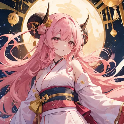 An anime-style illustration of ‘Fua-chan’ dressed as Orihime from the Tanabata festival. Fua-chan has distinctive features: long pink hair styled in soft curls resembling sheep’s horns, and pink eyes. She is depicted wearing a traditional, elegant kimono i...