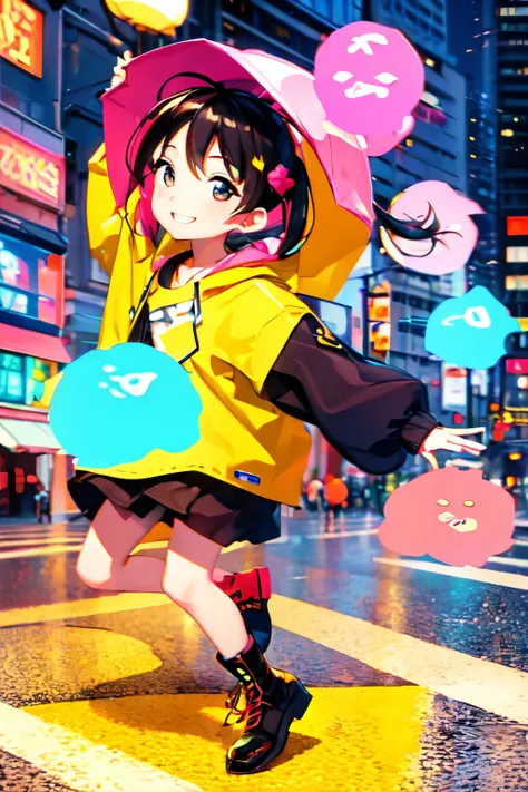 uhd, high quality, high details, chibi,1 Girl, solo, In the Rain, dance, smile, rotate, smile, Colorful raincoats, Boots, puddle, Bouncing splashes, City night view, Street lamp, raindrop, Uplifting, Energetic,
