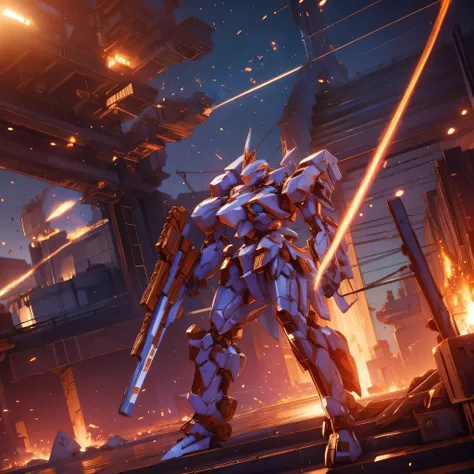 Obra de arte, melhor qualidade:1.7),(Mech white and rusted:1.5), médio, segurando uma sniper azul grande. Realistic, Extremely detaild, 4K UHD, HDR, naturallight, cinematic lighting, masterpiece-anatomy-perfect, ultra HD, Space Combat, Battlefield, RAW pho...