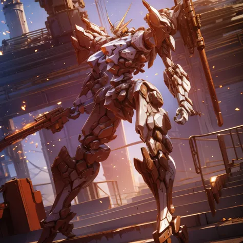 Obra de arte, melhor qualidade:1.7),(Mech white and rusted:1.5), médio, segurando uma sniper azul grande. Realistic, Extremely detaild, 4K UHD, HDR, naturallight, cinematic lighting, masterpiece-anatomy-perfect, ultra HD, Space Combat, Battlefield, RAW pho...