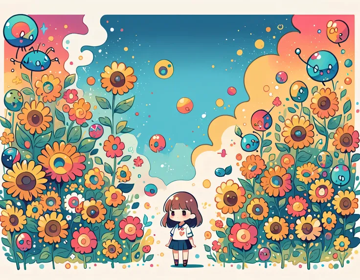 Watase Seizo style, Standing in front of a high wall，Simple Line Initialism，Abstract art，Urban Background, (((The most beautiful girl))), (((chibi))), Cute and colorful pillbugs, sunflower