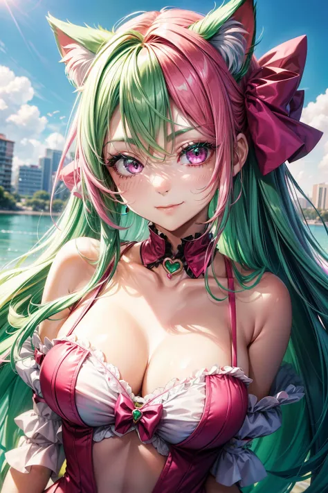 (( bright pink emerald green hair color)), pink eyes,sexy woman, cat ears, hearts, floating hearts, face only,  long hair, smiling, hair ornament, up close face, closed mouth smile, up closeface, hair bows, sexy body 