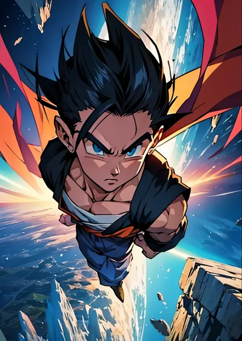 young man. face detailed, dbz style, fully body, distant room, he is flying alone