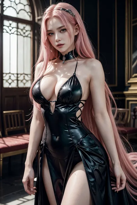 Description of the Progenitor Vampire with Pink Hair and Eyes in the Palace:She is in the main hall of the palace, sitting with a majestic posture on her ebony throne. Your hair is a vibrant pink, falling in gentle waves over your shoulders and back. Her e...