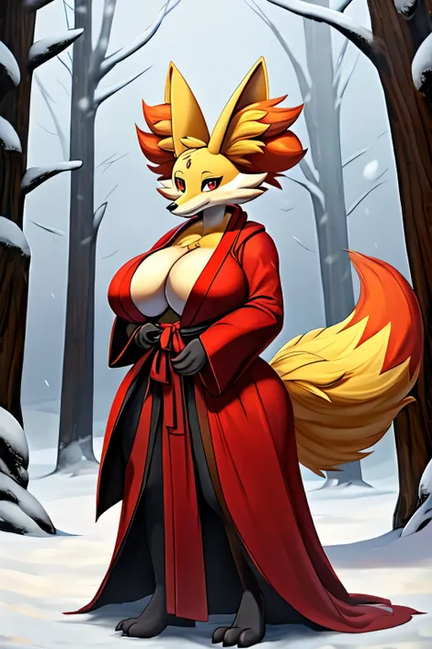 ((mejor calidad)), ((Obra maestra)), (detallado), 1 chica, Delphox, anthropomorphic, fox, naked, huge breast, full body, nine tails, pokemon, snow, forest, anatomy correct, robe fur