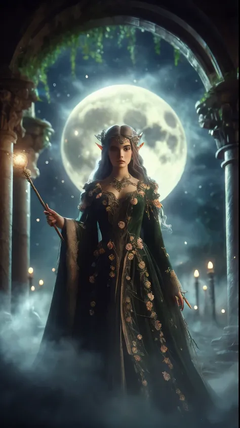 Full moon made for me; what reason falls the day? Its beauty, not often seen, when evening comes, and clouds line the way. In a dappled, ancient forest ruin, an Elf Princess stands tall, medium shot, full body shown, her scepter raised high, smoke atmosphe...