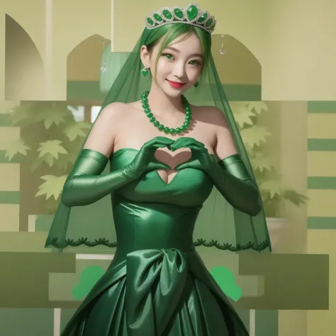 emerald tiara, Green Pearl Necklace, Boyish very short green hair, Green Lips, Smiling Japanese woman, Very short hair, Busty beautiful lady, Green Eyes, Green satin long gloves, Green Eyes, Emerald Earrings, Green veil, Heart with both hands, Green Hair, ...