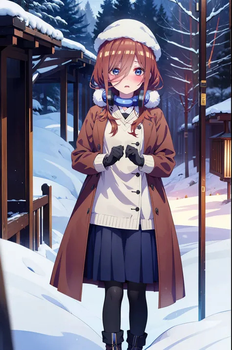 Mikunakano, miku nakano, Long Hair, bangs, blue eyes, Brown Hair, shirt, Hair between the eyes,blush, Open your mouth,White Breath,Scarf,Headphones around neck,Knitted hat,Blue long coat,V-neck sweater,Long skirt,Black pantyhose,short boots,Fluffy gloves,S...