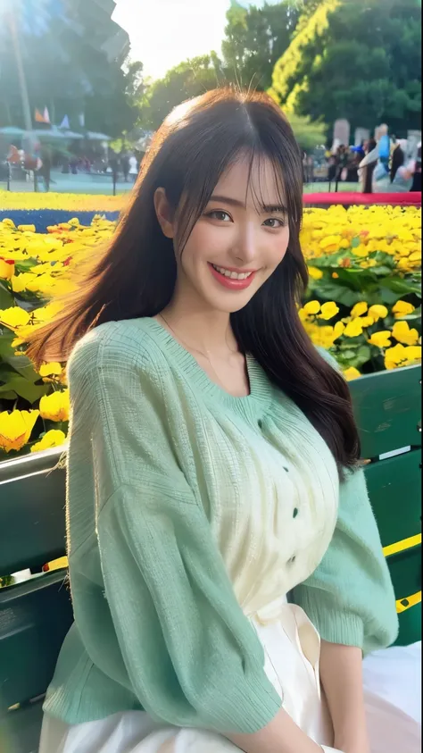 1girl sitting on a park bench, laughing, beautiful detailed eyes, beautiful detailed lips, extremely detailed face and eyes, long eyelashes, vibrant green park, blooming flowers, sunlight, natural lighting, warm color tones, serene, cheerful, peaceful, (be...