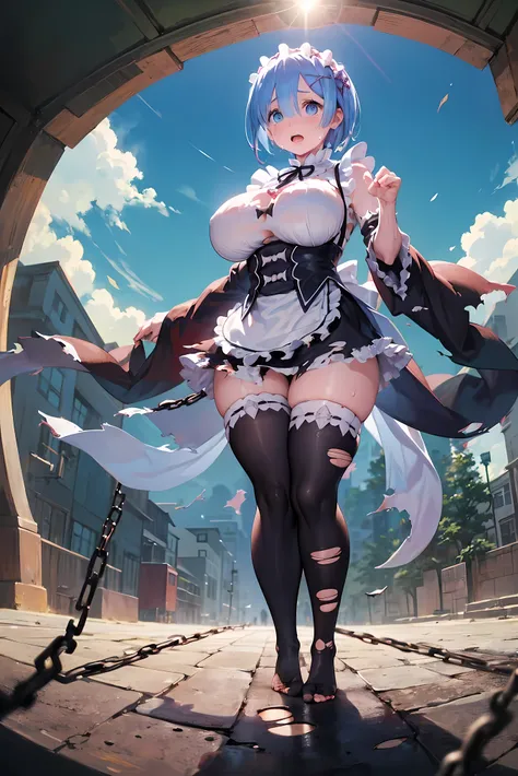 Castle terrace、Looking up from below、Plump、(Show your pants)、(((((Fighting Pose)))))、((((Rem with her hands and feet bound in chains)))),(((((Fisheye Lens)))))、((((((Super huge breasts)))))、(((((Plump thighs))))、(((Rem from Re:Zero)))、((looking at the came...