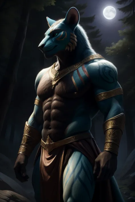 A majestic male Navi, adorned in traditional loincloth and intricate body paint, strides with a serene grace through a lush, emerald-hued forest. His eyes, as captivating as the moonlit sky, gaze intently at a weathered rock he holds tightly in his hand. T...