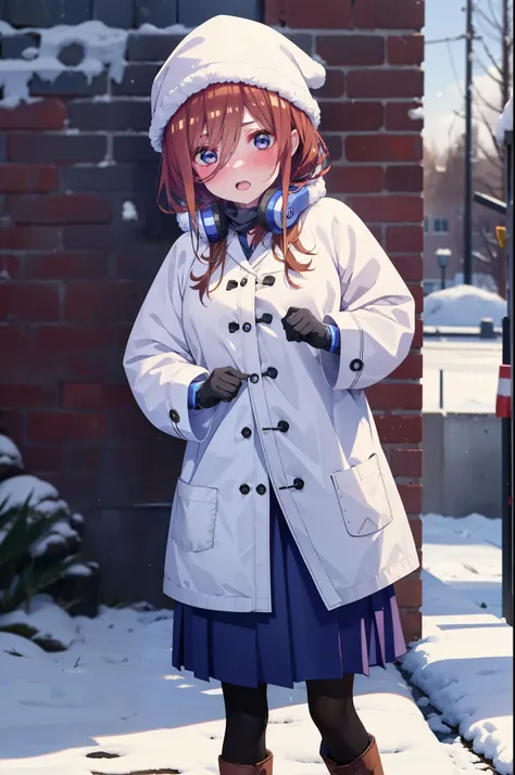 Mikunakano, miku nakano, Long Hair, bangs, blue eyes, Brown Hair, shirt, Hair between the eyes,blush, Open your mouth,White Breath,Scarf,Headphones around neck,Knitted hat,Blue long coat,V-neck sweater,Long skirt,Black pantyhose,short boots,Fluffy gloves,S...