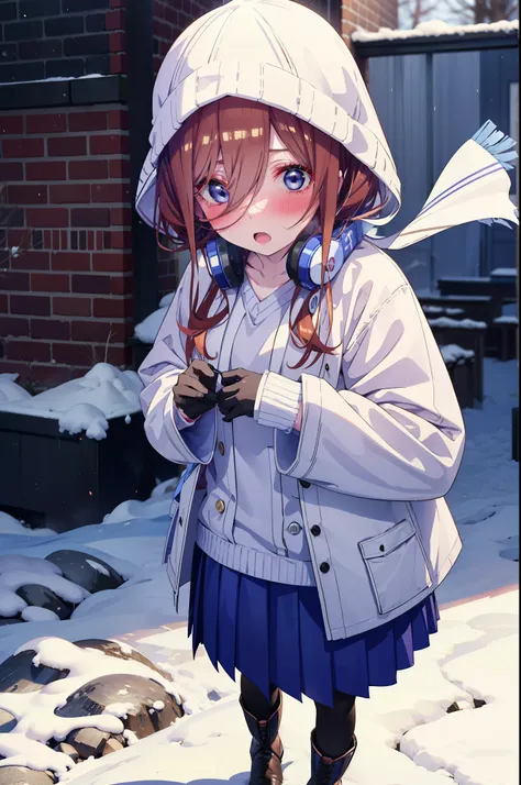 Mikunakano, miku nakano, Long Hair, bangs, blue eyes, Brown Hair, shirt, Hair between the eyes,blush, Open your mouth,White Breath,Scarf,Headphones around neck,Knitted hat,Blue long coat,V-neck sweater,Long skirt,Black pantyhose,short boots,Fluffy gloves,S...