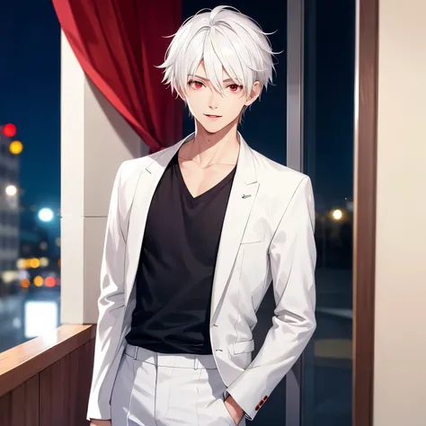 1boy,Standing, slight smile,18 years old,guy, at night,close up photo,handsome,side parted hair,short hair, straight hair, white hair, white shirt,white trousers,red eyes, vampire,close up photo