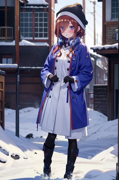 Mikunakano, miku nakano, Long Hair, bangs, blue eyes, Brown Hair, shirt, Hair between the eyes,blush, Open your mouth,White Breath,Scarf,Headphones around neck,Knitted hat,Blue long coat,V-neck sweater,Long skirt,Black pantyhose,short boots,Fluffy gloves,S...