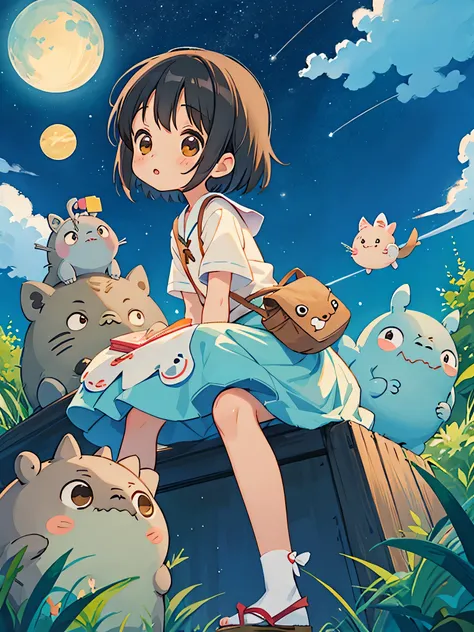 Hayao Mayazaki style, Kawaii Design, The most beautiful girl of all time、Chibi, Sit down and look up at the night sky, totoro, Star of the sky, 笹