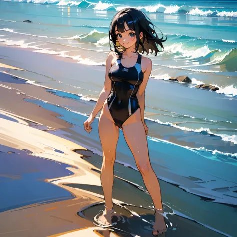 (high quality, High resolution, Very detailed, reality:1.37), Peaceful atmosphere, (Sandy Beach), Teenage girl standing alone, (my breasts are big.), Beautiful details, Cute Smile, (Black bob hair), One piece swimsuit, barefoot.