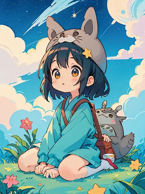 Hayao Mayazaki style, Kawaii Design, The most beautiful girl of all time、Chibi, Sit down and look up at the night sky, totoro, Star of the sky, 笹