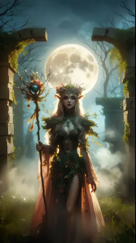 Full moon made for me; what reason falls the day? Its beauty, not often seen, when evening comes, and clouds line the way. In a dappled, ancient forest ruin, an Elf Princess stands tall, medium shot, full body shown, her scepter raised high, smoke atmosphe...