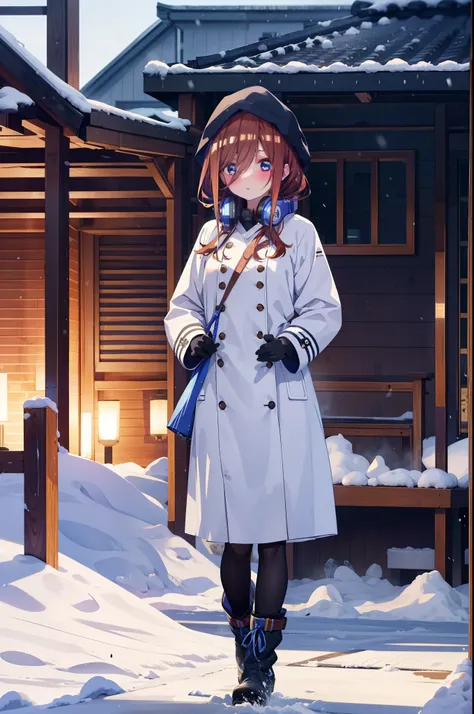 Mikunakano, miku nakano, Long Hair, bangs, blue eyes, Brown Hair, shirt, Hair between the eyes,blush, Open your mouth,White Breath,Scarf,Headphones around neck,Knitted hat,Blue long coat,V-neck sweater,Long skirt,Black pantyhose,short boots,Fluffy gloves,S...