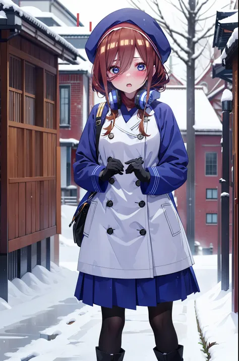 Mikunakano, miku nakano, Long Hair, bangs, blue eyes, Brown Hair, shirt, Hair between the eyes,blush, Open your mouth,White Breath,Scarf,Headphones around neck,Knitted hat,Blue long coat,V-neck sweater,Long skirt,Black pantyhose,short boots,Fluffy gloves,S...