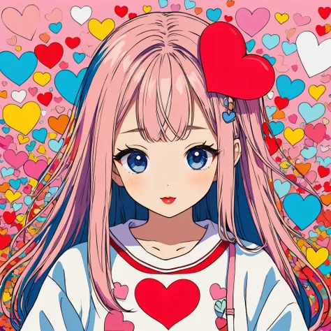 Takashi Murakami style, Simple Line Initialism，Abstract art，Urban Background, colorful hearts ,(((The most beautiful girl of all time))), Sweet face, Lips in love