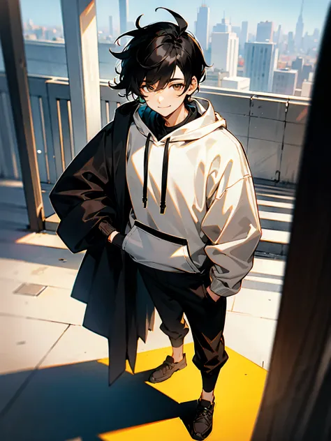 1male,black hair, sideswept hair, brown eyes, black and white hoodie, black baggy pants, smile, modern city. standing on path